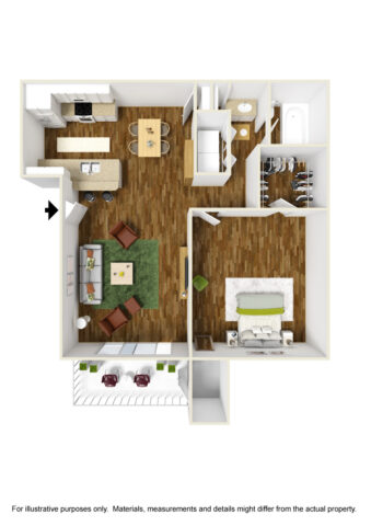 The Pebble Beach 1 bed 1 bath floorplan